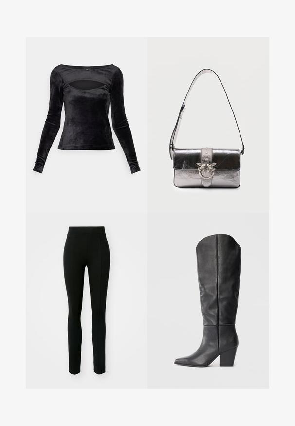 Schwarzes Langarmshirt aus weichem Samt, mit einem runden Ausschnitt und einem Cut-out-Detail sowie einer taillierten Silhouette. Glatte Textur im gesamten Shirt.; Schwarze Leggings aus dehnbarem Material, mit hohem Bund, schmaler Passform und zwei Vordertaschen ohne sichtbare Nähte.; Schwarze kniehohe Stiefel aus Leder mit spitzem Zeh und blockigem Absatz. Das Design zeichnet sich durch eine glatte Textur und minimalistische Linien aus.; Metallische silberne Schultertasche mit verstellbarem Riemen, Klappverschluss und dekorativem silberfarbenem Verschluss mit zwei sich gegenüberstehenden Vögeln.