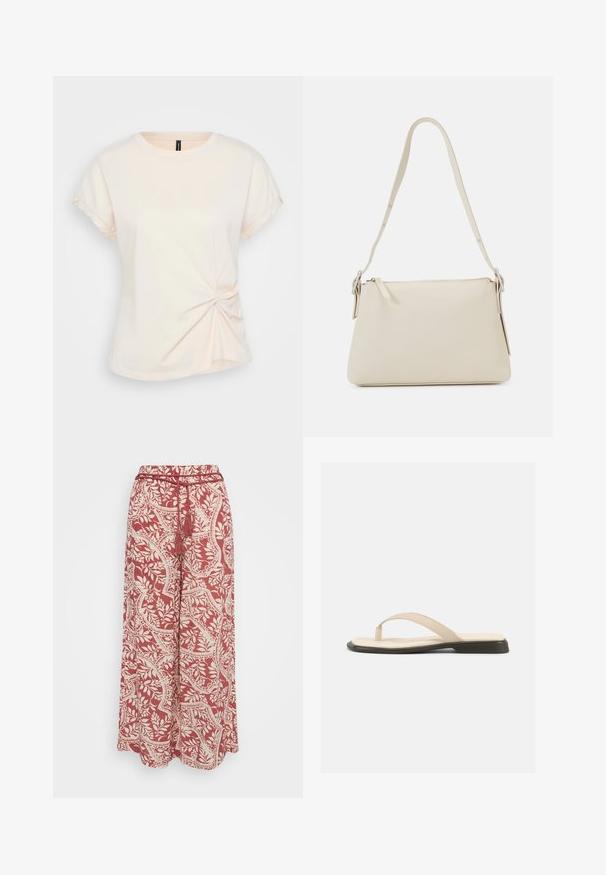Lys beige T-shirt i blødt bomuld med rund halsudskæring, korte oprullede ærmer og et snoet detaljer ved taljen.; Vero Moda Petite VMBALI WIDE PANTS - Bukser - marsala; Beige flad thongsandal med polstret fodseng og sort sål, vist fra siden på hvid baggrund.; Beige skuldertaske lavet af glat læder med lynlås-lukning. Har et enkelt design, slank skulderrem og metalbeslag som detaljer.