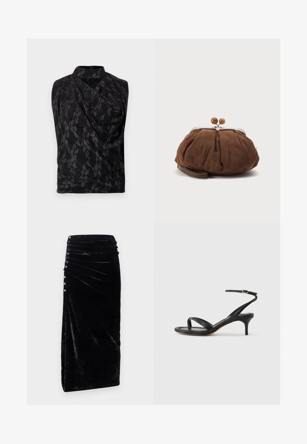 Schwarzes ärmelloses Oberteil mit floralem Muster und dezentem Glanz, drapiertem Design und hohem Kragen. Der Stoff wirkt weich mit einer strukturierten Oberfläche.; Rabanne Bleistiftrock - black; Schwarze Ledersandale für Damen mit dünnen Riemchen, einer Zehenlasche, einer Knöchelschnalle und einem mittelhohen Stöckelabsatz vor neutralem Hintergrund.; Weiche braune Wildleder-Handgelenktasche mit silbernem Metallrahmen und runden braunen Verschlusskugeln auf schlichtem hellem Hintergrund.