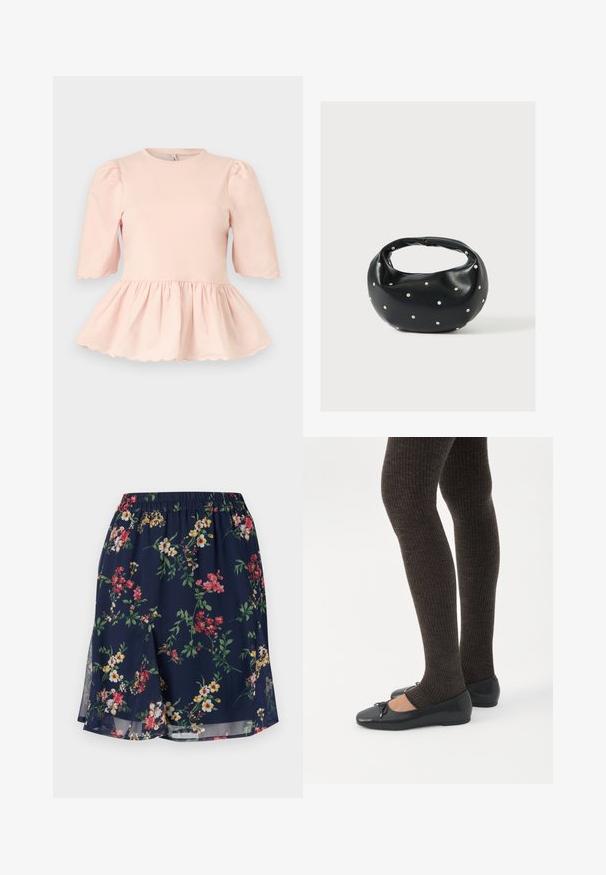 Lyserød bluse med puffede ærmer i albuelængde, taljen er indsnøret og skaber en peplumkant, og der er bølget kant på ærmer og nederste kant.; Blomsterkjole med elastisk talje, der har en marineblå baggrund pyntet med røde, gule og grønne blomstermønstre. Letvægtsstof.; Ben iført mørke ribbede leggings kombineret med sorte balletsko med små sløjfedetaljer på hvid baggrund.; Sort læderhåndtaske med en rundet form, dekoreret med sølvnitter, og et kort håndtag. Glat tekstur og lynlåslukning.