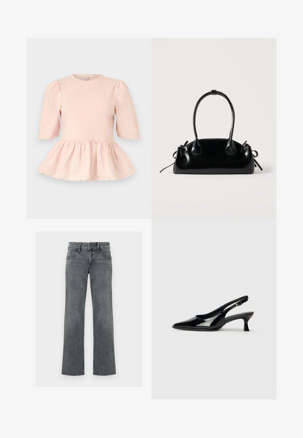 Lyserød bluse med puffede ærmer i albuelængde, taljen er indsnøret og skaber en peplumkant, og der er bølget kant på ærmer og nederste kant.; Grå denimjeans med lige ben, lynlås og knap foran samt fem-lomme-design, vist mod en hvid baggrund.; Sorte patenterede slingback-sko med spidse tæer og lav blokhæl. Justerbar spænde-rem ved anklen.; Lille sort blank håndtaske med to lange håndtag og snøre-detaljer i siden på en ensfarvet lys baggrund.