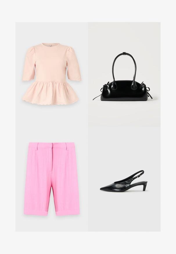 Blouse rose pâle avec manches bouffantes jusqu'au coude, taille froncée créant un ourlet peplum, et bords festonnés aux manches et à l'ourlet.; Shorts roses longueur genou, cintrés, avec passants pour ceinture et fermeture avant dissimulée, présentés sur un fond clair uni.; Escarpin à bride arrière en cuir noir avec un bout pointu, un petit talon et une sangle à boucle réglable. Texture lisse avec un minimalisme dans les détails.; Petit sac à main noir brillant avec deux longues anses et des détails à cordon sur les côtés sur un fond clair uni.