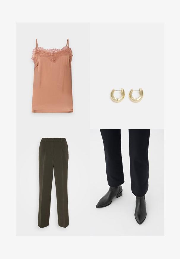 Top na ramienka v jemne ružovom materiáli, s nastaviteľnými ramienkami a čipkovaným lemovaním okolo výstrihu. Hladká textúra s voľným strihom.; Vero Moda VMISABEL WIDE PANT - Nohavice - peat; Čierne kožené členkové čižmy s špicatou špičkou, blokovým podpätkom a textúrovanými bočnými panelmi, nosené s tmavými nohavicami na bielom pozadí.; Zlaté kruhové náušnice s hladkým, lesklým povrchom. S polkruhovým tvarom a bezpečným zapínaním na kolík.