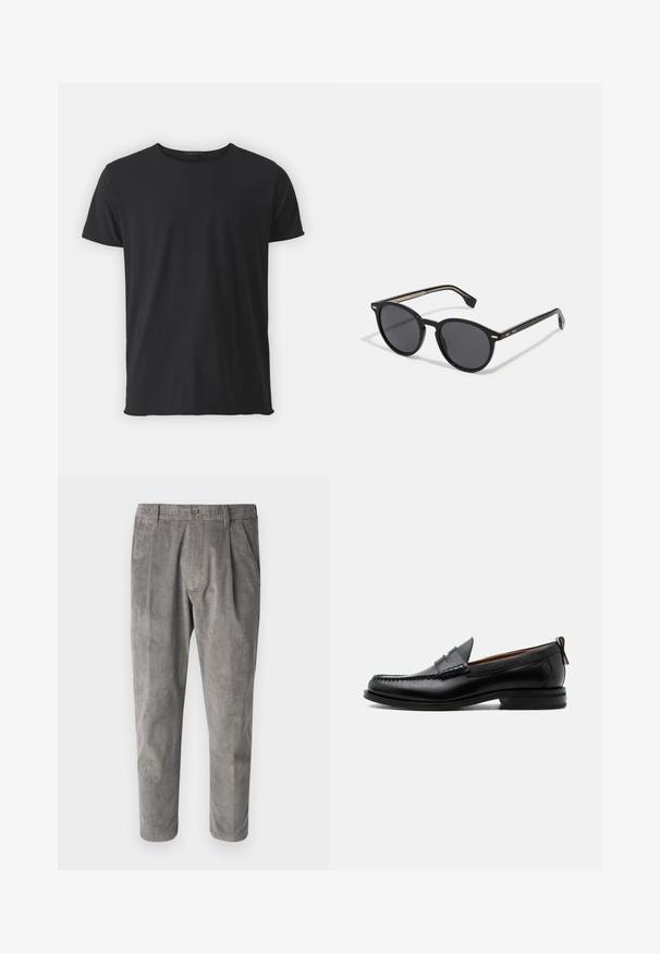 Camiseta de manga corta negra, hecha de algodón suave, con un cuello redondo clásico y una textura suave, con un corte recto.; Pantalones de pana grises con un patrón de rayas verticales texturizadas, con cierre de botón y dos bolsillos laterales. Corte ajustado y largo cropped.; Mocasín de hombre de piel negra con costura moc toe, tira penny, cuello texturizado y tacón bajo apilado sobre fondo blanco.; BOSS Gafas de sol - black