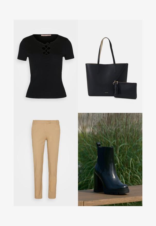 Anna Field by Zalando T-shirt print - black; Beige chino's van lichtgewicht stof, met een slim fit, standaard tailleband, riemlussen en voorzakken. Glad textuur.; Zwarte glanzende leren enkelboot met dikke hoge hak en lus, gepresenteerd op een houten oppervlakte met een achtergrond van groene hoge gras.; Zwarte totebag van gestructureerd materiaal, met twee lange handvatten en een afneembare tas met rits voorzien van een franjesdetail. Gouden merklogo zichtbaar.