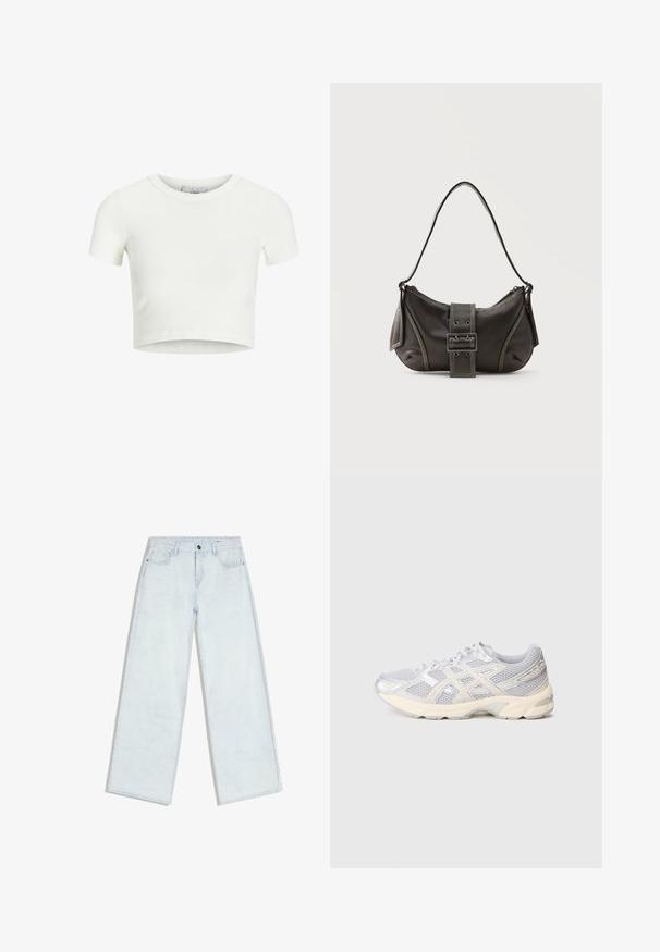 Hvid, cropped t-shirt lavet af ribbet stof. Har en rund halsudskæring og korte ærmer. Glat tekstur med en tætsiddende form.; Lyseblå vidde-jeans med forreste knap og lynlås, bæltestropper og fem-lomme design, lagt fladt på hvid baggrund.; Lys grå atletisk sko med en mesh-overdel, sølv accenter, rund tå og en polstret sål. Har et snørebånd design for en sikker pasform.; Sort læder skuldertaske med spænde på remmen, afrundede kanter og kontrasterende hvide syninger på en ensfarvet baggrund.