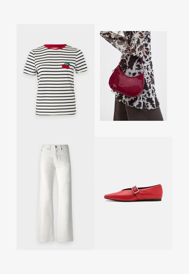 T-shirt rayé en crème et bleu marine, avec un col rouge. Présente un design de cerise brodé sur la zone de la poitrine gauche. Manches courtes.; Jean blanc à jambes larges en denim. Comprend une taille haute, un design à cinq poches et des coutures discrètes le long des seams.; Ballerine en cuir rouge avec une pointe pointue, comportant une lanière sur le côté avec une boucle en métal et un petit talon noir. Texture lisse sur l'ensemble.; Femme portant un chemisier à motif noir et blanc tenant un sac à main rouge brillant sur un fond uni.