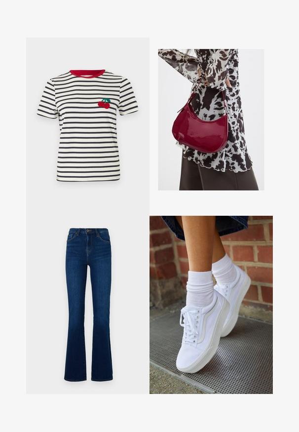 Gestreiftes T-Shirt in Creme und Marineblau, mit einem roten Kragen. Verfügt über ein gesticktes Kirschdesign im linken Brustbereich. Kurze Ärmel.; Dunkelblaue ausgestellte Jeans aus Denim mit hoher Taille, versehen mit Fronttaschen, einem Reißverschluss und subtilen Stickdetails.; Weiße Leinensneaker mit Gummisohlen, ausgestattet mit sechs Ösen, runder Zehenpartie und dezenten Nähten, kombiniert mit weißen Knöchelsocken.; Frau trägt eine schwarz-weiß gemusterte Bluse und hält eine glänzende rote Schultertasche vor einem einfarbigen Hintergrund.