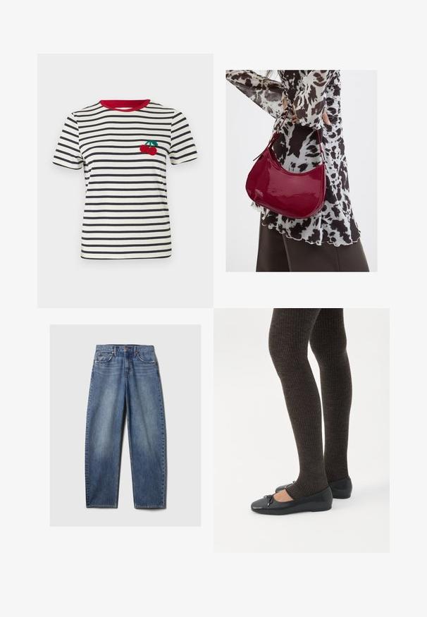 Stribet t-shirt i creme og marineblå med en rød krave. Har et broderet kirsebærdesign på venstre brystområde. Korte ærmer.; Blå denim jeans med en afslappet pasform, der har fem lommer, kobbernitter og en fadet vask. Lige ben med en ren kant.; Ben iført mørke ribbede leggings kombineret med sorte balletsko med små sløjfedetaljer på hvid baggrund.; Kvinde iført en sort- og hvidmønstret bluse, der holder en blank rød skuldertaske mod en ensfarvet baggrund.