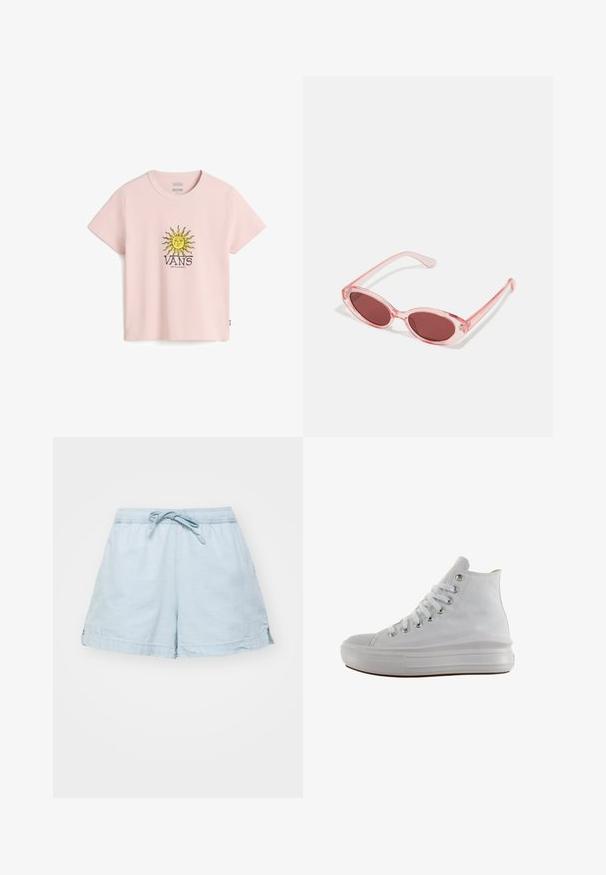 Lyserød bomulds t-shirt med rund halsudskæring har et gult solgrafik og mærknavnet "VANS" i sort under designet. Korte ærmer.; Lysblå, letvægts shorts med elastisk talje og snøre. Har sidelommer og en afslappet pasform, lavet af blødt stof.; Hvid højt canvas sneaksko med hvide snørebånd, metaløjer, tyk gummisål og tekstureret tåhætte, vendt mod venstre på en hvid baggrund.; Lyserøde transparente solbriller med ovale linser, mørkerød toning og slanke stænger, der har en glat overflade og diskret detaljering på rammen.