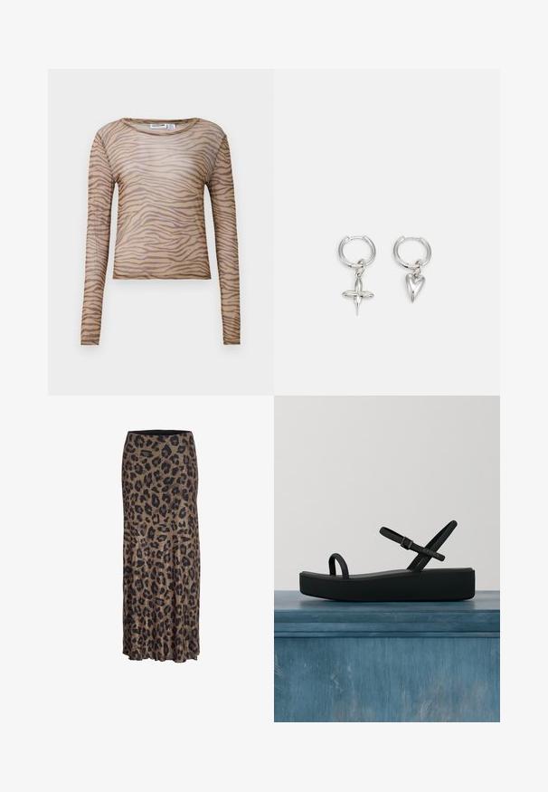 Langærmet, tætsiddende, gennemsigtig beige bluse med mørkebrune zebra-striber og rund halsudskæring.; Leopardprint nederdel i brune og sorte nuancer, med et flydende design og en subtil flæsekant, fremstillet af et let og blødt stof.; Sort platformsandal med tynde stropper og spænde, mærket "Crocs", vist svævende over en glat gulv mod en ribbet glasbaggrund.; Sølv hoop øreringe med et kors og hjerte charm. Glat, skinnende tekstur med en poleret finish. Hver charm hænger fra en sikker løkke.
