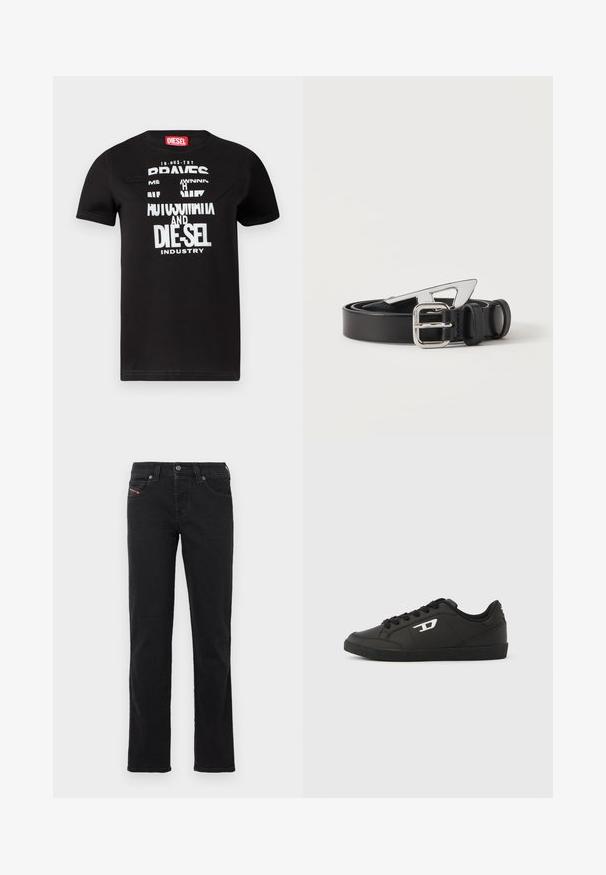 Μαύρο βαμβακερό t-shirt με μοναδικό γραφικό σχέδιο και λευκό κείμενο που γράφει "BRAVES", με λεπτομέρεια κοπής και κόκκινη ετικέτα στον λαιμό.; Μαύρο τζιν παντελόνι με ίσια γραμμή, διαθέτει κλείσιμο με κουμπί μπροστά, πέντε τσέπες και διακριτικές ραφές.; Μαύρα αθλητικά παπούτσια από λείο συνθετικό υλικό, με χαμηλό ύψος, στρογγυλή μύτη, κορδόνια στο μπροστινό μέρος και διακριτική λεπτομέρεια λογότυπου στο πλάι.; Μαύρη δερμάτινη ζώνη τυλιγμένη με ασημένια ορθογώνια αγκράφα και μοναδική ασημένια γεωμετρική άκρη σε λευκό φόντο.