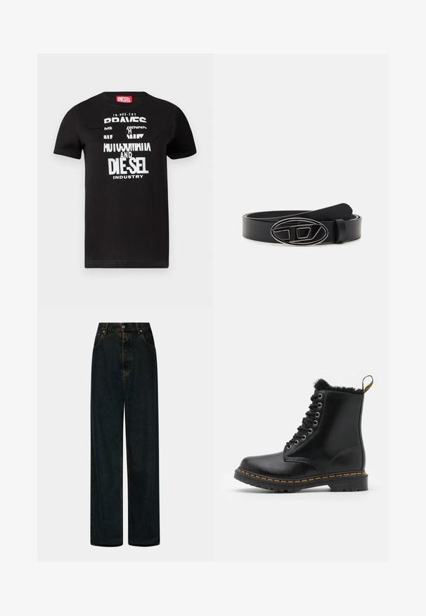 Camiseta negra de algodón con un diseño gráfico único que presenta texto blanco que dice "BRAVES", un recorte detallado y una etiqueta roja en el cuello.; Jeans de denim oscuros de tiro alto y pierna ancha con cierre de botón y cremallera en la parte frontal, trabillas para el cinturón y bolsillos delanteros.; Botas de tobillo de cuero negro con punta redonda, forro de piel de oveja, ojales plateados y costura amarilla a lo largo de la suela. Suela exterior de goma resistente.; Cinturón de cuero negro con una correa ancha, una hebilla ovalada de plata con diseño geométrico y una textura suave en toda su superficie.