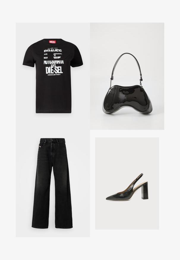 Sort bomulds-t-shirt med unikt grafisk design og hvid tekst, der lyder "BRAVES", detaljeret udskæring og rød label ved nakken.; Bredde ben sorte denimjeans med høj talje, med knaplukning, forlommer og en falmet struktur.; Sort læder kvindesko med slingback, spids tå og tyk blokhøj hæl på hvid baggrund.; Sort patentlæder håndtaske med en unik buet form, kort justerbar hank og en lynlåslukning i toppen. Glat tekstur med diskret branding.