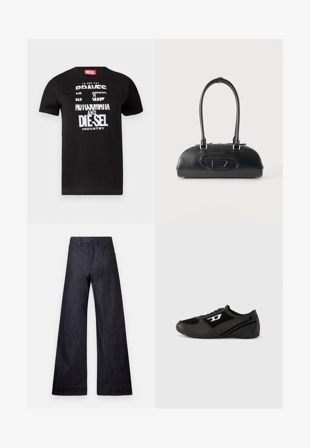 Schwarzes Baumwoll-T-Shirt mit einem einzigartigen Grafikdesign, weißem Text "BRAVES", detailliertem Ausschnitt und rotem Etikett am Kragen.; Weite dunkelblaue Jeans mit glatter Textur, traditionellem Fünf-Taschen-Design und einem dezenten Glanz, ausgestattet mit einem Knopfverschluss.; Schwarze Sportschuhe mit Obermaterial aus Wildleder und Synthetik, mit strukturiertem Design, rundlicher Zehenpartie und flacher Sohle. Silbernes Logo-Detail an der Seite.; Schwarze Lederhandtasche mit langen doppelten Griffen und geprägtem ovalem Logo auf der Vorderseite, vor einem schlichten hellen Hintergrund gezeigt.