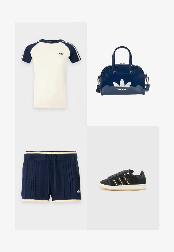 Kortærmet cremefarvet skjorte med marineblå raglanærmer, hvide striber på ærmerne og et lille sort Adidas-logo på brystet.; Marineblå strikkede shorts med ribbet tekstur, cremet kant ved taljebånd og kant, snøre foran og Adidas-logo på venstre ben.; adidas Originals CAMPUS 00S W - Sneakers - core black/carbon/gold-coloured; Skinnende mørkeblå håndtaske med dobbelte håndtag og justerbar rem, med en stor hvid Adidas trefoil-logo på forsiden.