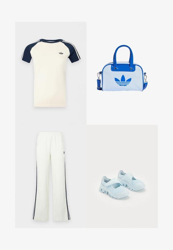 Lühikeste varrukatega kreemikas särg, millel on tumesinised raglaanvarrukad, varrukatel valged triibud ja väikene must Adidas logo rinnal.; Valge-kreemjas, soonikkoes püksid, millel on alt laienev lõige. Küljel on tumesinised triibud ja puusal Adidas logo. Elastne vöökoht.; Heledad sinised tossud, millel on võrgusilmast valmistatud pealmine osa, silmapaistvad lõikeavad tallas ja Velcro rihm ülevalt, et tagada kindel sobivus.; Sinine ja valge käekott läikiva viimistlusega, millel on kaks sinist sangast, eemaldatav õlarihm ja esiküljel silmapaistev sinine logo.