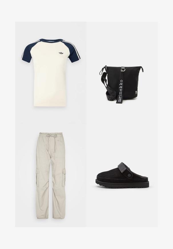 Korte mouwen crème overhemd met marineblauwe raglanmouwen, witte strepen op de mouwen en een klein zwart Adidas-logo op de borst.; Abercrombie & Fitch TIE WAIST BAGGY PANT - Cargobroek - porpoise; Zwarte suède instap klompen met een ronde neuzen, zachte textuur, verstelbare band en een dikke rubberen zool met een patroonprofiel voor grip.; Zwarte nylon schoudertas met een ritssluiting, een gestructureerde schouderband met een patroon en een logolabel aan de voorkant. Inclusief verstelbare schouderband.