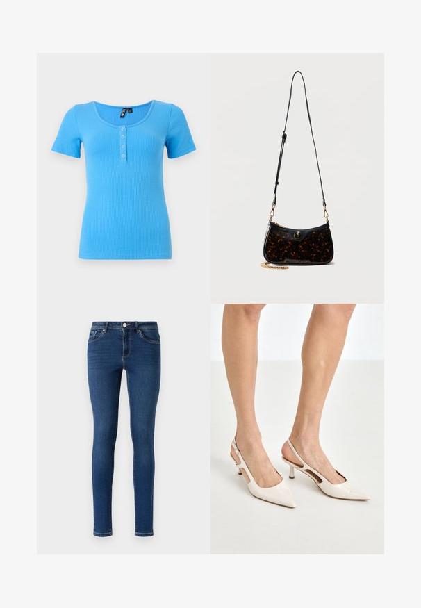 Ribbet, kortærmet t-shirt i livlig blå. Har en rund halsudskæring og tre knaplukninger foran. Blødt, strækbart materiale.; Slanke denimjeans i mørkeblå. Har et klassisk fem-lomme-design, metalknaplukning og diskret syninger langs sømmene.; Beige patenterede læder slingback hæle med spids tå og 5 cm hæl, med udskårne sider og en tynd ankelrem.; Lille skuldertaske med justerbar sort rem, blank mørk skildpaddeskal-krop, guldkædedetalje og rundt guldemblem foran.