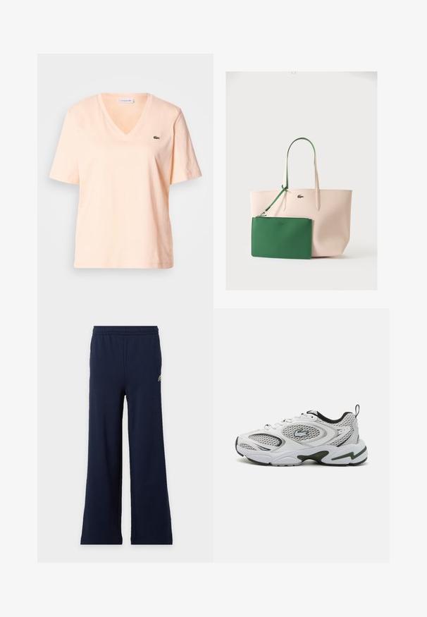Helles Pfirsichfarbendes V-Ausschnitt-T-Shirt aus Baumwolle mit kurzen Ärmeln, mit einem kleinen grünen Lacoste-Logo auf der linken Brust.; Marineblaue Hose mit weitem Bein, elastischem Bund und kleinem Logo oben links vor hellem Hintergrund.; Weiße Sportschuhe mit Netzpanelen, schwarzen Akzenten und einer strukturierten Sohle. Sie bieten ein schlankes Design und ein auffälliges Logo an der Seite.; Beige Tragetasche mit langen Griffen und einem kleinen abnehmbaren grünen Reißverschlussbeutel, der an einem Griff befestigt ist, auf schlichtem Hintergrund dargestellt.