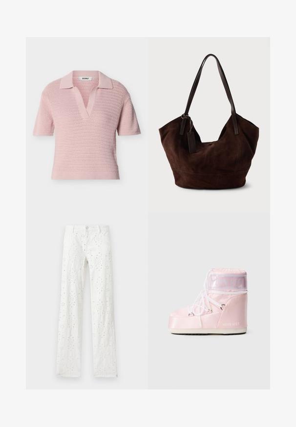 Polo en maille rose clair à manches courtes avec motif texturé, col en V ouvert et étiquette de la marque ECOALF à l'intérieur du col.; Pantalon droit blanc avec broderie œillet florale et fermeture par bouton et zip, présenté à plat sur un fond clair.; Bottines Moon Boot rembourrées roses avec des lacets blancs enroulés, semelle épaisse et bande transparente avec le texte "Moon Boot" près du haut.; Handbag en cuir suédé marron avec une forme douce et souple. Doté de poignées en cuir et d'une étiquette décorative. Texture plain avec des coutures courbes.