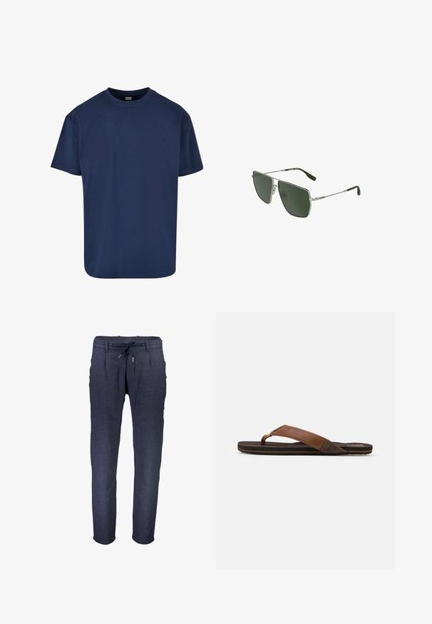 Navyblaues Baumwoll-T-Shirt mit Rundhalsausschnitt und kurzen Ärmeln. Weiche Textur und lockerer Schnitt, geeignet für legere Outfits.; Marineblaue, taillierte Hose aus strukturiertem Stoff, mit einem elastischen Taillenbund, verstellbarem Kordelzug und seitlichen Taschen.; Braune Leder-Flip-Flops mit einem breiten Riemen, strukturiertem Fußbett und flacher Sohle. Das schmale Zehenstegdesign erhöht den Komfort und die Flexibilität.; Rechteckige, dunkelgrüne Gläser mit dünnem silbernem Metallrahmen und schwarzen Bügelenden, Sonnenbrille in schräger Ansicht mit Nasenpads und Marken-Detail.