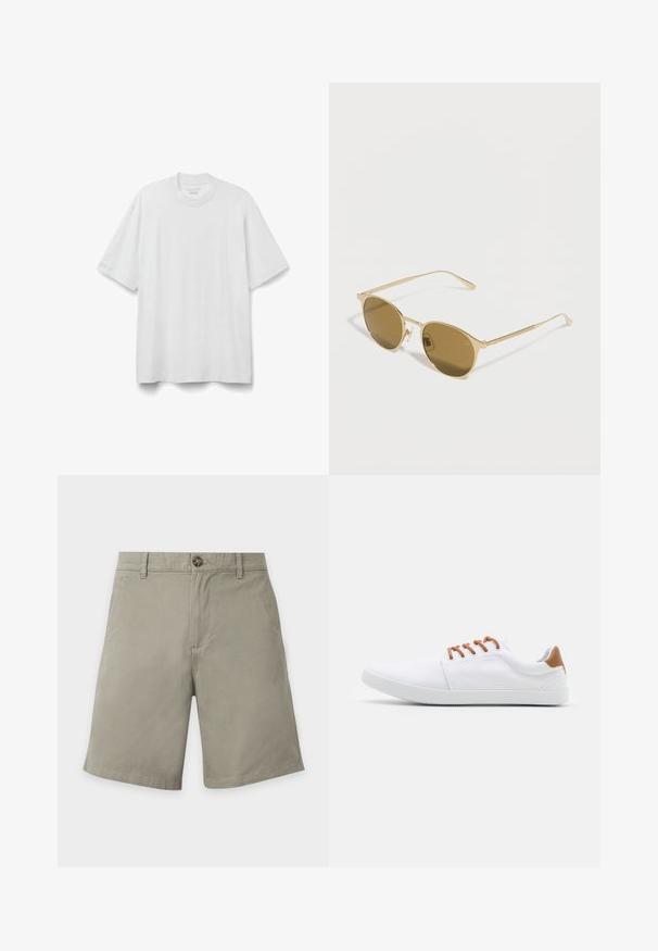 Effen wit katoenen T-shirt met korte mouwen en ronde hals, hangend getoond tegen een witte achtergrond.; Lichtgrijze knielange shorts met voorste knoop, riemlussen en zijzakken op een witte achtergrond.; Witte canvas sneakers met bruine accenten, voorzien van platte veters, een lage zool en een gestructureerde rubberen zool.; Ronde zonnebril met gouden metalen montuur en bruin getinte glazen, rustend op een wit oppervlak.