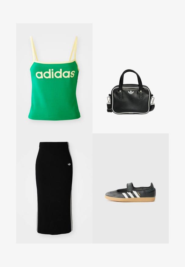 Top verde con detalles amarillos, hecho de material elástico. Presenta un gran logo de "adidas" amarillo en el frente y tirantes delgados.; Falda midi negra con diseño ajustado, que presenta franjas laterales blancas y un pequeño emblema blanco en el lado izquierdo.; Zapatilla de deporte de cuero negro y ante con una correa de Velcro, que presenta tres rayas blancas y una suela de goma, etiquetada "SAMBA" en el lateral.; Bolso de mano de cuero negro con dos asas cortas, herrajes plateados, detalles en blanco y un logotipo blanco. Presenta una superficie texturada y un diseño compacto.