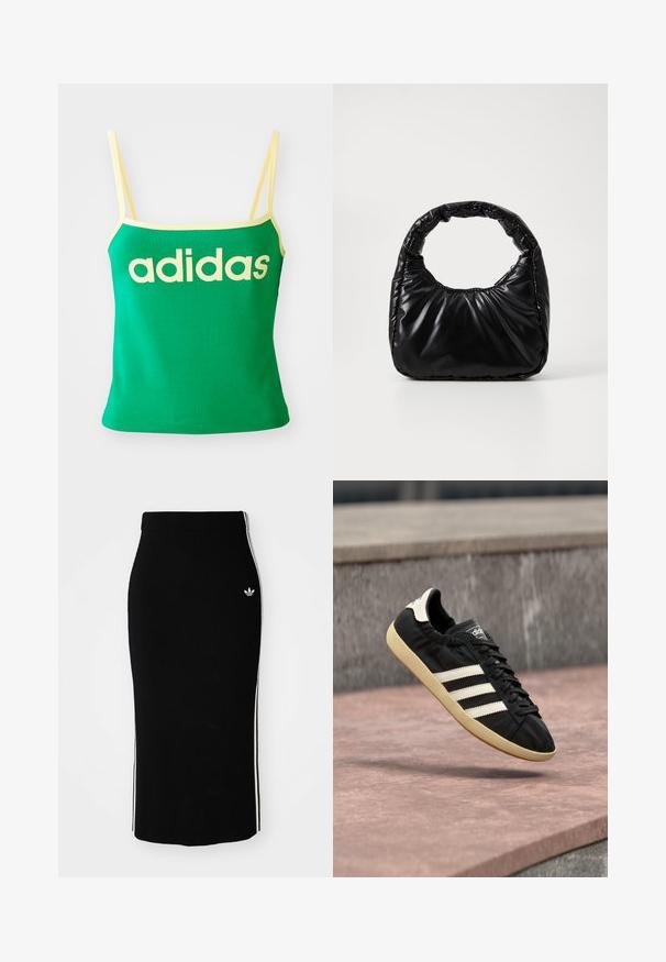 Top verde con detalles amarillos, hecho de material elástico. Presenta un gran logo de "adidas" amarillo en el frente y tirantes delgados.; Falda midi negra con diseño ajustado, que presenta franjas laterales blancas y un pequeño emblema blanco en el lado izquierdo.; Zapatilla negra Adidas con rayas blancas y suela beige, capturada en el aire sobre una superficie de piedra y con fondo de muro de piedra.; Bolso negro acolchado con un asa redondeada, que presenta una superficie lisa y brillante y una textura suave y acolchada. Sin herrajes ni acentos visibles.