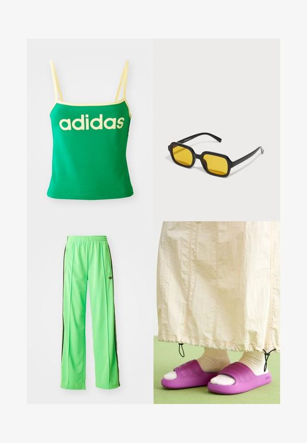 Top verde con detalles amarillos, hecho de material elástico. Presenta un gran logo de "adidas" amarillo en el frente y tirantes delgados.; Pantalones deportivos verdes hechos de un material liso y ligero, con franjas laterales negras y un logo bordado en la parte frontal.; Chanclas de goma moradas con un diseño de banda texturizada, llevadas sobre calcetas de color crema, combinadas con una falda color beige claro. Suelo verde.; Gafas de sol negras rectangulares con lentes amarillos. Presentan montura gruesa y un diseño angular con un acabado liso y brillante.