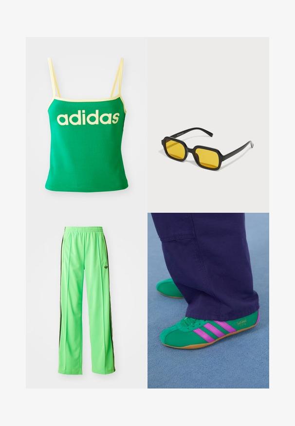Vihreä tankkitoppi keltaisilla yksityiskohdilla, valmistettu joustavasta materiaalista. Edessä on suuri keltainen "adidas"-logo ja ohuet olkaimet.; Vihreät urheiluhousut, jotka on valmistettu sileästä, kevyestä materiaalista. Housuissa on mustat sivuviivat ja kirjailtu logo etupuolella.; Vihreät ja violetit mokkasuksiset urheilukengät, joissa on kolme raitaa ja kumipohja, yhdistettynä violetteihin housuihin pehmeällä sinisellä pinnalla.; Mustat suorakulmaiset aurinkolasit, joissa on keltaiset linssit. Ominaisuuksiin kuuluvat paksut kehykset ja kulmikas muotoilu, jossa on sileä, kiiltävä pinta.