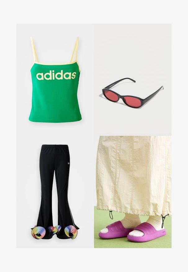 Grünes Tanktop mit gelben Akzenten, aus dehnbarem Material. Lieferumfang: großes gelbes "adidas"-Logo auf der Vorderseite und dünne Träger.; Schwarze Sporthosen mit weit ausgestelltem Design. Sie haben farbenfrohe, gerüschte untere Säume und weiße Seitenstreifen. Hergestellt aus dehnbarem Stoff.; Lila Gummischlappen mit einem strukturierten Bandsdesign, getragen über cremefarbigen Socken, kombiniert mit einem hellbeigen Rock. Grüner Boden.; Schwarze ovale Sonnenbrille mit schlanken Bügeln und rot getönten Gläsern, die auf einer weißen Oberfläche liegt.