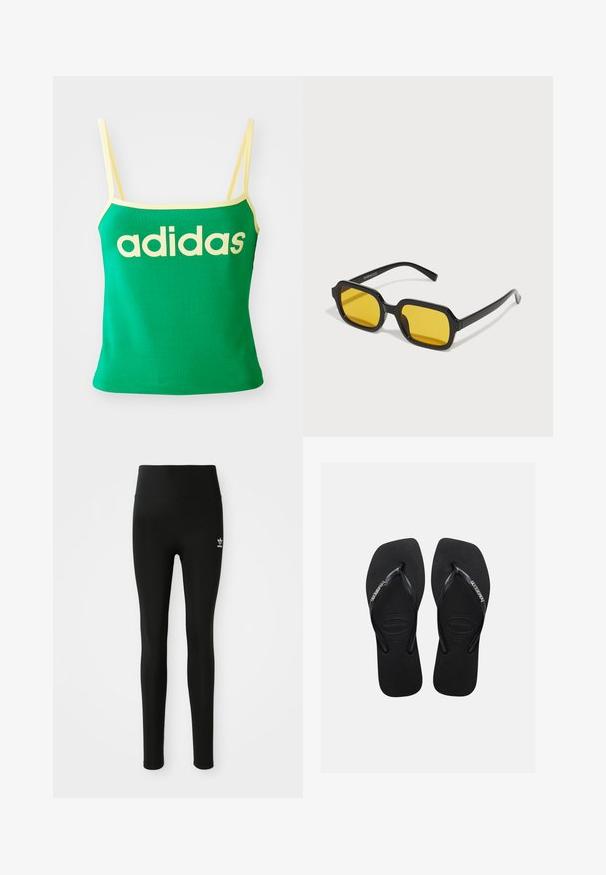 Green tank top with yellow accents, made of stretchy material. Features large yellow "adidas" logo across the front and thin straps.; Black leggings made of stretchy material with a high waist, featuring a small white Adidas logo on the left leg. Smooth texture.; Black rubber flip-flops with textured soles and thin straps featuring the Havaianas logo in white on a plain background.; Black rectangular sunglasses with yellow lenses. Features include thick frames and angular design with a smooth, glossy finish.