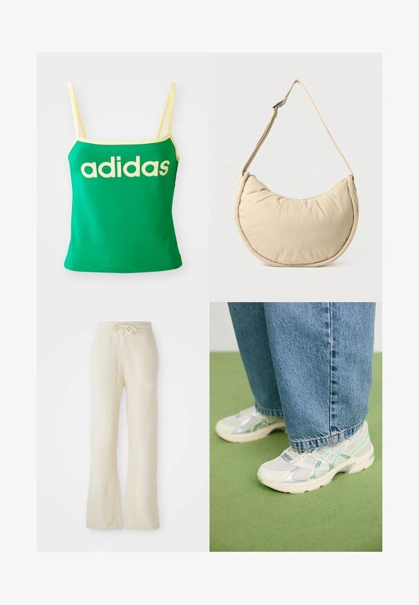 Top verde con detalles amarillos, hecho de material elástico. Presenta un gran logo de "adidas" amarillo en el frente y tirantes delgados.; Pantalones de chándal color crema con una textura suave, que cuentan con una cinturilla con cordón y piernas acampanadas. Detalle del logo sutil en la cadera izquierda.; Zapatillas de malla blancas y plateadas con detalles en verde, combinadas con unos vaqueros azules holgados, de pie sobre un suelo de moqueta verde.; Bolso de hombro beige en forma de media luna con una textura suave y acolchada. Cuenta con una correa ajustable y un cierre de cremallera en el borde superior.