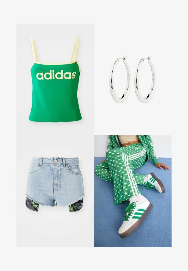 Grünes Tanktop mit gelben Akzenten, aus dehnbarem Material. Lieferumfang: großes gelbes "adidas"-Logo auf der Vorderseite und dünne Träger.; Helle blaue Jeansshorts mit fransigem Saum und buntem, gemustertem Stoff an den Seiten, der städtische Bilder und Texturen zeigt.; Grüner Trainingsanzug mit weißen Blumenmustern und weißen Streifen, kombiniert mit weißen Sneakern mit grünen Streifen und glitzernden Schnürsenkeln.; Silberne Creolen mit einer glatten, glänzenden Oberfläche. Kreisform, ausgestattet mit einem sicheren Verschluss. Einfaches und elegantes Design.