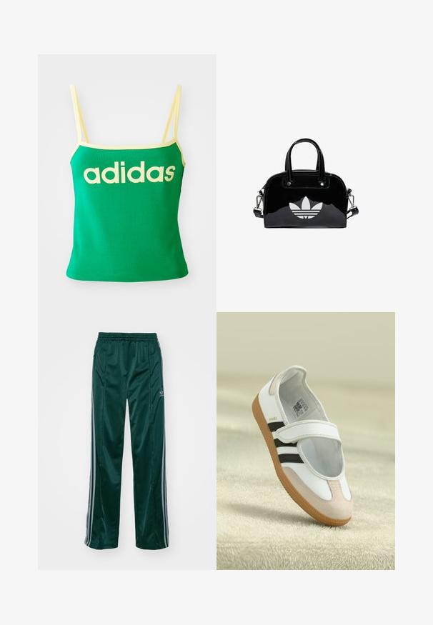 Grünes Tanktop mit gelben Akzenten, aus dehnbarem Material. Lieferumfang: großes gelbes "adidas"-Logo auf der Vorderseite und dünne Träger.; Dunkelgrüne Sporthosen aus glänzendem Material, mit seitlichen Streifen in Hellgrau und einem gestickten Logo auf dem linken Bein.; Weiße Schuhe mit einer pinken Wildleder-Zehe, schwarzen Streifen und einem Klettverschluss. Sie verfügen über eine tanfarbene Gummisohle und ein Logo an der Seite.; Schwarze Handtasche aus Lackleder mit abgerundeter Form, doppelten Tragegriffen, silbernen Akzenten und einem auffälligen weißen Logo auf der Vorderseite.
