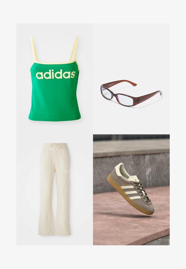 Top verde con detalles amarillos, hecho de material elástico. Presenta un gran logo de "adidas" amarillo en el frente y tirantes delgados.; Pantalones de chándal color crema con una textura suave, que cuentan con una cinturilla con cordón y piernas acampanadas. Detalle del logo sutil en la cadera izquierda.; Zapatilla Adidas de ante marrón claro con rayas blancas y suela de goma, suspendida sobre escaleras de piedra rosa al aire libre.; Gafas rectangulares con tintado marrón y acabado brillante, con varillas delgadas y lentes transparentes. Logo visible en la patilla izquierda.