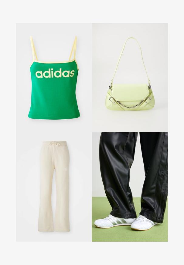Grünes Tanktop mit gelben Akzenten, aus dehnbarem Material. Lieferumfang: großes gelbes "adidas"-Logo auf der Vorderseite und dünne Träger.; Cremefarbene Jogginghose aus einem weichen Material, mit einem Kordelzugbund und ausgestellten Beinen. Subtiles Logo-Detail an der linken Hüfte.; Schwarze Kunstlederhosen mit einer lockeren Passform, die eine glatte Textur und seitliche Streifen aufweisen. Kombiniert mit weißen Sneakers mit silbernen Akzenten.; Hellgrüne synthetische Handtasche mit glatter Textur, einem abnehmbaren Kettenriemen und dekorativen Schnallen; rechteckige Form mit verjüngten Seiten.