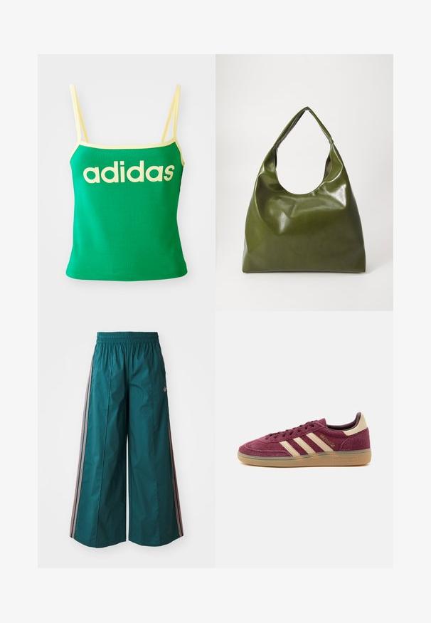 Groene tanktop met gele accenten, gemaakt van rekbaar materiaal. Heeft een groot geel "adidas" logo over de voorkant en dunne banden.; Teal wijde broek met een elastische tailleband, voorzien van gestreepte accenten in roze en wit aan de zijkanten, gemaakt van lichte stof.; Laag silhouet bordeaux suède sneaker met beige Adidas-strepen, rubberen zool en goudkleurige "Spezial"-letters opzij, afgebeeld op een witte achtergrond.; Groene leren hobotas met een slordig ontwerp, gebogen handvat en een gladde textuur. Bevat geen zichtbare hardware of accenten.