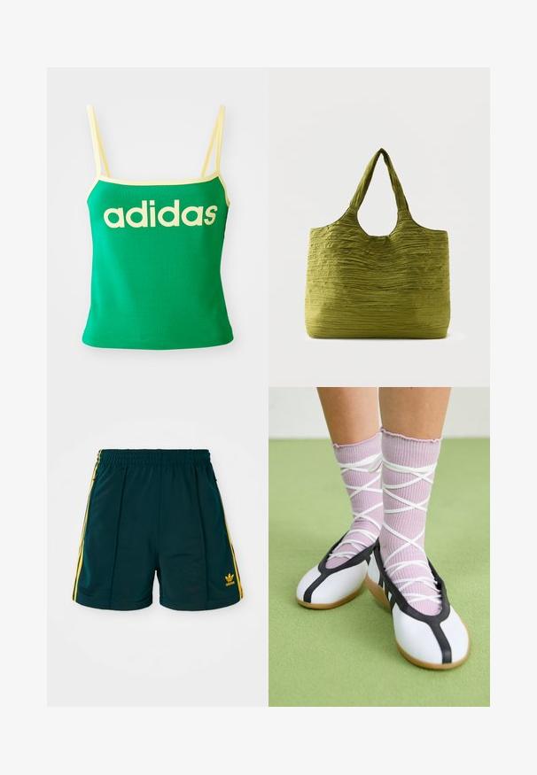 Grünes Tanktop mit gelben Akzenten, aus dehnbarem Material. Lieferumfang: großes gelbes "adidas"-Logo auf der Vorderseite und dünne Träger.; Dunkelgrüne Sportshorts mit einem elastischen Bund, ausgestattet mit gelben Seitenstreifen und einem gestickten gelben Logo am Unterschenkel.; Beine mit gerippten lavendelfarbenen Socken mit weißen überkreuzten Riemen, kombiniert mit weißen Ballettschuhen mit schwarzem Rand auf grünem Boden.; Grüne Tragetasche aus strukturiertem, zerknittertem Stoff mit breiten Griffen, vor schlichtem hellem Hintergrund dargestellt.