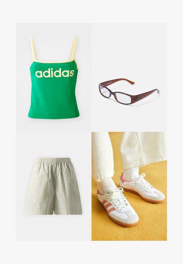 Débardeur vert avec des accents jaunes, fabriqué dans un matériau extensible. Présente un grand logo "adidas" jaune sur le devant et des bretelles fines.; Shorts en coton vert clair présentant des rayures blanches verticales, une taille élastique et une coupe ample et décontractée. Texture lisse.; Baskets blanches avec des accents roses, en matériaux de daim et de cuir, à bout rond et semelle en caoutchouc, présentées avec des chaussettes claires sur un fond jaune.; Lunettes rectangulaires teintées de brun avec une finition brillante, dotées de branches fines et de verres transparents. Logo visible sur la branche gauche.