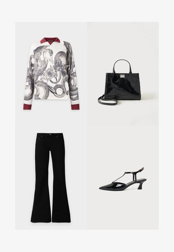 Chemise blanche à manches longues avec col et poignets bordeaux, présentant des illustrations détaillées en noir et blanc d'un héron, d'un serpent enroulé et de fleurs.; Jean évasés noirs en denim, avec un design classique à cinq poches, fermeture à bouton et détails de couture subtils le long des coutures.; Chaussure slingback en cuir verni noir à bout pointu avec bride en T et petit talon bloc incliné sur fond blanc.; Sac à main en cuir verni noir avec poignées arrondies, bandoulière détachable et fermeture à boucle argentée sur fond blanc uni.