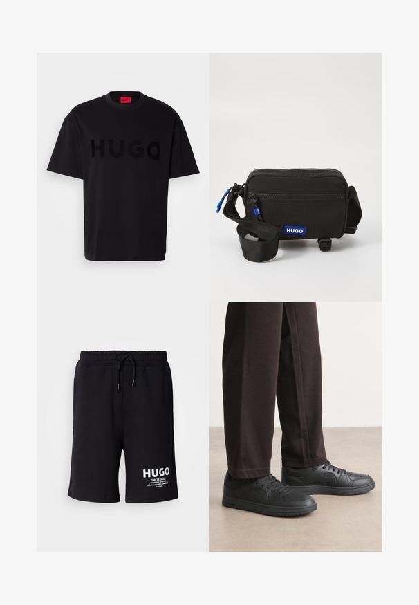 Schwarzes Baumwoll-T-Shirt mit kurzärmeligen, Rundhalsausschnitt, das ein großes, glänzendes schwarzes "HUGO"-Logo auf der Vorderseite trägt. Glatte Textur.; Schwarze Baumwollshorts mit einem elastischen Bund und Kordelzug. Weißes "HUGO"-Logo am linken Bein. Einfaches Design, knielanger Schnitt.; Schwarze Sneakers mit einer glatten, lederähnlichen Textur, runder Zehenpartie und Schnürdesign. Kombiniert mit dunklen, locker sitzenden Hosen. Flache Gummisohle.; Schwarze Stoff-Umhängetasche mit Reißverschluss, blauem Logo-Aufnäher, verstellbarem Tragegurt und strukturierter Oberfläche. Kompakt rechteckiges Design.
