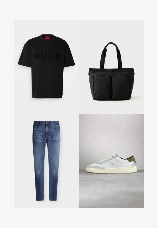 Schwarzes Baumwoll-T-Shirt mit kurzärmeligen, Rundhalsausschnitt, das ein großes, glänzendes schwarzes "HUGO"-Logo auf der Vorderseite trägt. Glatte Textur.; Herren Slim Fit blaue Denim-Jeans mit klassischem Fünf-Taschen-Stil und leichter Verfärbung an Oberschenkeln und Knien, Knopf- und Reißverschluss.; Weißer und grauer Sneaker mit niedrigem Schaft, weißen Schnürsenkeln und "HUGO"-Logo in Gold, schwebt über einem glatten grauen Boden vor einer Glaspaneelwand.; Schwarze Tragetasche aus weichem Stoff, mit zwei vorderen Taschen und stabilen Tragegriffen. Logo an der Seite angebracht. Einfaches, funktionales Design.