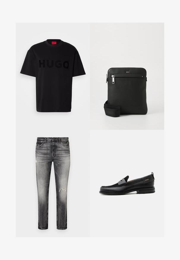 T-shirt en coton noir à manches courtes, col rond, arborant un grand logo "HUGO" noir brillant sur le devant. Tissu lisse.; Jean en denim noir décoloré avec une coupe droite, présentant des zones effilochées, des poches avant et une fermeture à bouton classique.; Mocassin en cuir noir avec détail de bride grise, talon bas et semelle texturée, marqué "HUGO" en or sur le côté.; Sac bandoulière en cuir noir avec un design plat, surface texturée, fermeture éclair, poche avant et une sangle en tissu ajustable.
