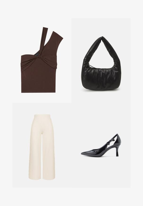 Haut sans manches marron avec un design à une épaule, mettant en avant un devant noué et une texture de tissu drapé. Fabriqué en matériau extensible.; Pantalon ample crème à taille haute avec panneaux latéraux texturés, présenté sur un fond uni.; Escarpin à talons hauts en cuir verni noir, à bout pointu, avec bride de cheville ornée d'un nœud et talon stiletto élancé.; Sac en cuir noir avec un design décontracté, présentant une poignée nouée distinctive et une fermeture éclair. Texture lisse sur l'ensemble.