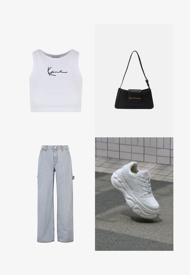 Weißes, geripptes Croptop mit rundem Ausschnitt und schwarzem, gesticktem Logo auf der Vorderseite. Eng anliegender Schnitt für eine figurbetonte Passform.; Hellblaue Denim-Jeans mit weitem Bein, Knopf- und Reißverschluss, Gürtelschlaufen und einem seitlichen Detail an einem Bein. Ohne sichtbare Abnutzungen.; Weiße Leder-Sneaker mit einer massiven Sohle, strukturierten Details und Schnürverschluss. Verfügt über geformte Akzente und eine glatte Oberfläche.; Schwarze Taschen aus Kunstleder mit rechteckiger Form, goldfarbenem Logo und einem verstellbaren Tragegurt. Verfügt über einen Klappenverschluss und ein elegantes Design.