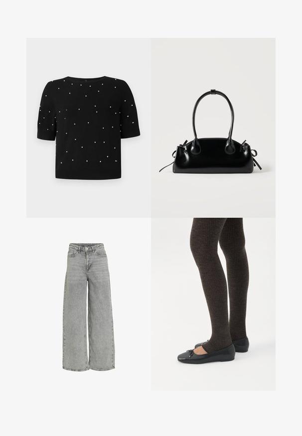 Pull noir à manches courtes avec un col rond et des accents en perles blanches dispersées sur le devant. Tissu tricoté avec une texture lisse.; Jeans large en denim gris clair avec une taille haute, deux poches avant et une texture subtilement décolorée. Fermeture classique par bouton et zip.; Jambes portant des leggings côtelés foncés associés à des ballerines noires avec de petits détails en nœud sur fond blanc.; Petit sac à main noir brillant avec deux longues anses et des détails à cordon sur les côtés sur un fond clair uni.