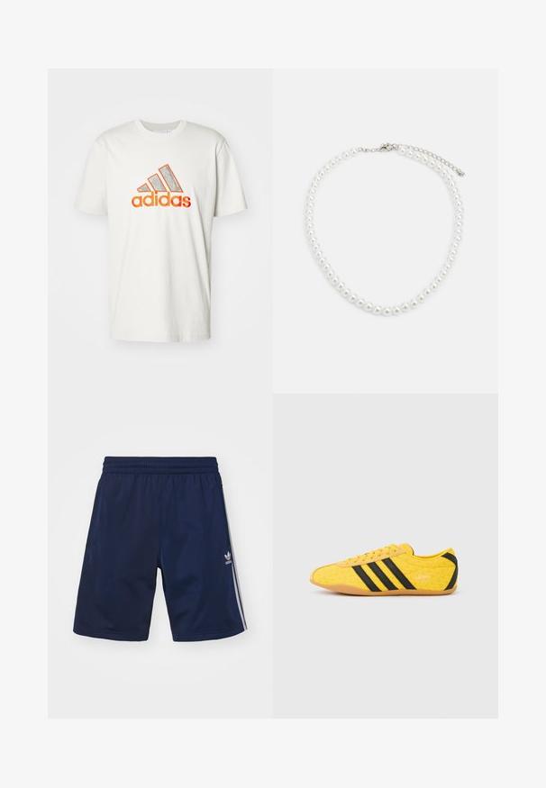 Valge puuvillane T-särk, millel on suur oranž ja hõbe Adidas'i logo koos kolme diagonaalse triibuga. Lühikesed varrukad ja ümar kaelus.; Tumesinised sportpüksid, mis on valmistatud kergest kangast, elastse vöökoha ja kolme valge triibuga külgedel. Adidas logo näha.; Kollane sportlik jalanõu tekstuurse pealiskihiga, millel on mustad triibud ja logo. Ümar nina, pehme tallaosa ning materjalil siksakmuster.; Valge pärlkaelakee, millel on ühtlane ümar kuju, sile pind ja metallist kinnitusbüts koos pikendusahelaga reguleeritava pikkuse jaoks.