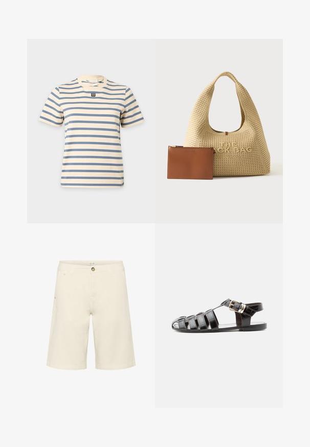 T-shirt crème manches courtes avec des rayures horizontales bleues et un petit logo carré noir et blanc au centre de la poitrine.; Shorts couleur crème en mélange de coton, présentant une fermeture à bouton, des passants de ceinture et des poches latérales ; texture lisse avec un design à coupe droite.; Sandale de pêcheur en cuir noir avec bout ouvert, multiples brides et fermeture à boucle dorée sur une semelle plate, vue de profil.; Sac à main tissé beige Marc Jacobs avec grande poignée et nom de marque embossé, à côté d'une petite pochette en cuir marron avec fermeture éclair.